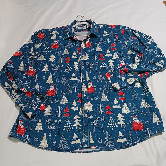 NWOT Ugly Christmas shirt Men's XXL J & Dhuasha  long-sleeved blue Santas Trees - Picture 1 of 10